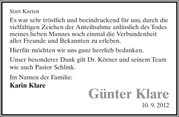 Anzeige  Günter Klare  Lippische Landes-Zeitung