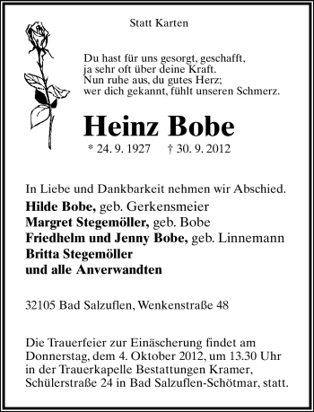Anzeige  Heinz Bobe  Lippische Landes-Zeitung