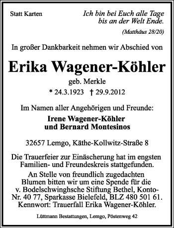 Anzeige  Erika Wagener-Köhler  Lippische Landes-Zeitung