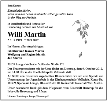 Anzeige  Willi Martin  Lippische Landes-Zeitung