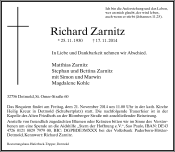 Anzeige  Richard Zarnitz  Lippische Landes-Zeitung