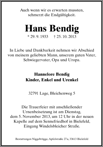 Anzeige  Hans Bendig  Lippische Landes-Zeitung