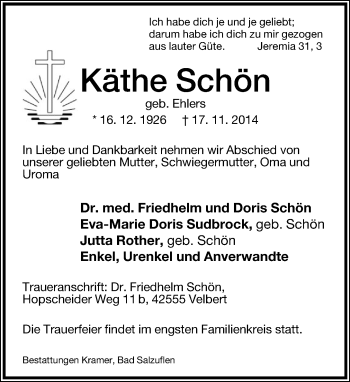 Anzeige  Käthe Schön  Lippische Landes-Zeitung
