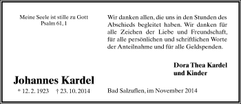 Anzeige  Johannes Kardel  Lippische Landes-Zeitung