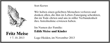 Anzeige  Fritz Meise  Lippische Landes-Zeitung