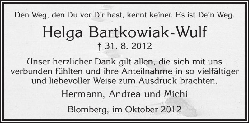  Traueranzeige für Helga Bartkowiak-Wulf vom 06.10.2012 aus Lippische Landes-Zeitung