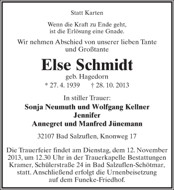 Anzeige  Else Schmidt  Lippische Landes-Zeitung