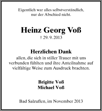Anzeige  Heinz Georg Voß  Lippische Landes-Zeitung