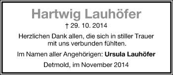 Anzeige  Hartwig Lauhöfe  Lippische Landes-Zeitung