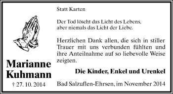 Anzeige  Marianne Kuhmann  Lippische Landes-Zeitung