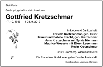 Anzeige  Gottfried Kretzschmar  Lippische Landes-Zeitung