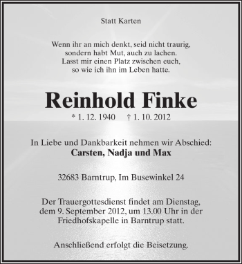 Anzeige  Reinhold Finke  Lippische Landes-Zeitung
