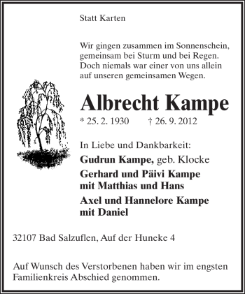 Anzeige  Albrecht Kampe  Lippische Landes-Zeitung