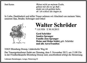 Anzeige  Walter Schröder  Lippische Landes-Zeitung