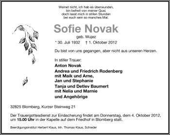 Anzeige  Sofie Novak  Lippische Landes-Zeitung