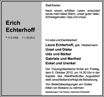 Anzeige  Erich Echterhoff  Lippische Landes-Zeitung