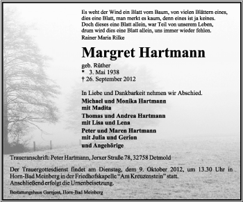Anzeige  Margret Hartmann  Lippische Landes-Zeitung