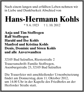 Anzeige  Hans-Hermann Kohls  Lippische Landes-Zeitung