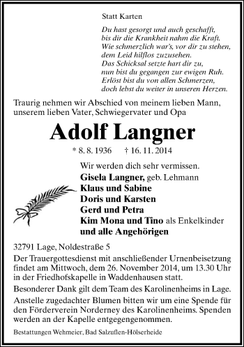 Anzeige  Adolf Langner  Lippische Landes-Zeitung