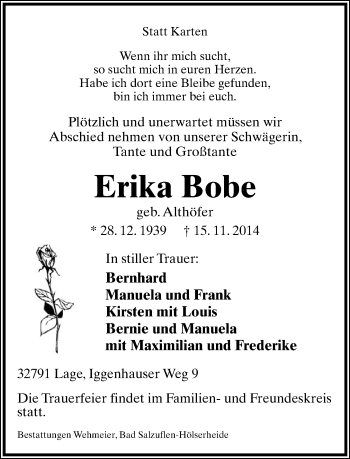 Anzeige  Erika Bobe  Lippische Landes-Zeitung