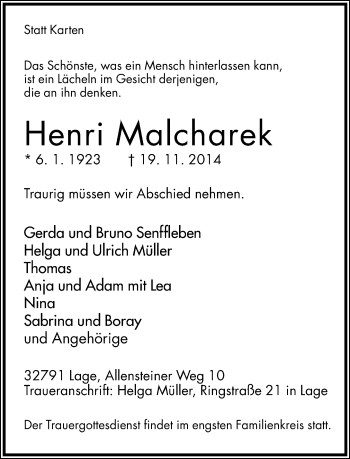 Anzeige  Henri Malcharek  Lippische Landes-Zeitung
