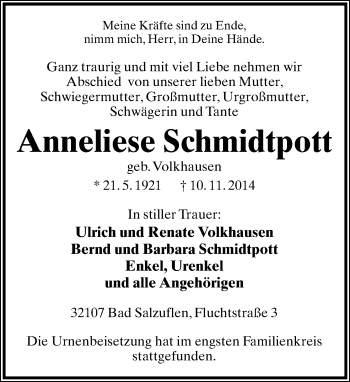 Anzeige  Anneliese Schmidtpott  Lippische Landes-Zeitung