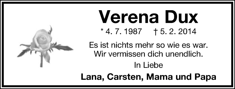  Traueranzeige für Verena Dux vom 07.02.2015 aus Lippische Landes-Zeitung