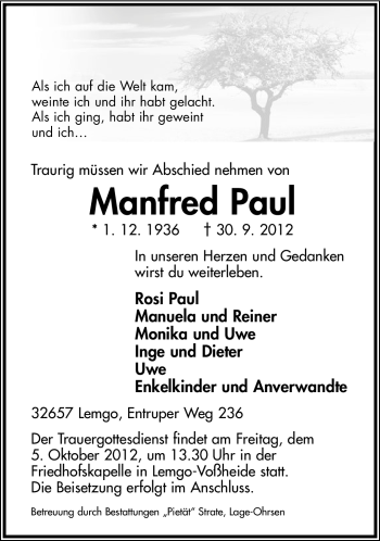 Anzeige  Mafred Paul  Lippische Landes-Zeitung