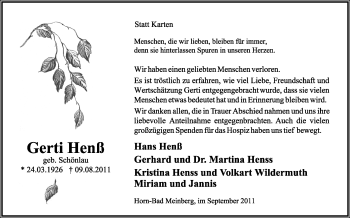 Anzeige  Gerti Henß  Lippische Landes-Zeitung