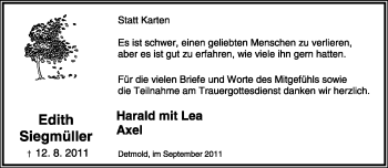Anzeige  Edith Siegmüller  Lippische Landes-Zeitung