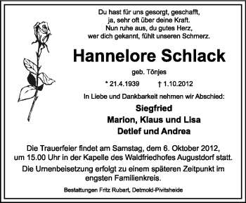 Anzeige  Hannelore Schlack  Lippische Landes-Zeitung