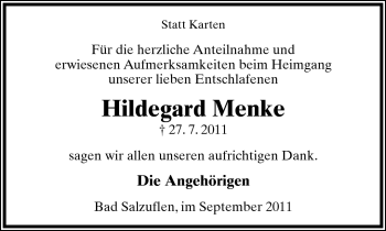 Anzeige  Hildegard Menke  Lippische Landes-Zeitung