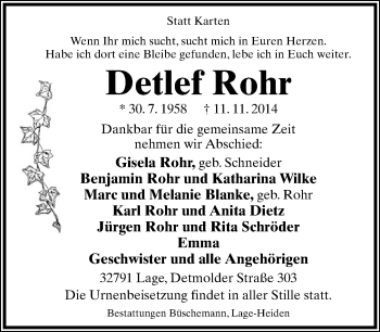Anzeige  Detlef Rohr  Lippische Landes-Zeitung