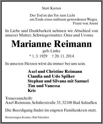 Anzeige  Marianne Reimann  Lippische Landes-Zeitung
