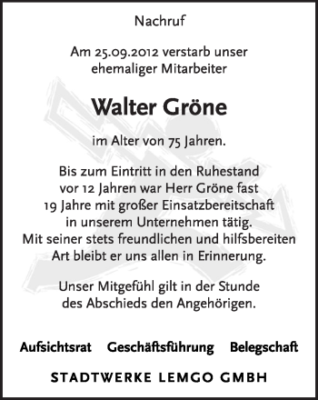Anzeige  Walter Gröne  Lippische Landes-Zeitung