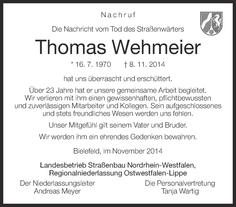  Traueranzeige für Thomas Wehmeier vom 22.11.2014 aus Lippische Landes-Zeitung