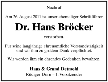 Anzeige  Dr. Hans Bröcker  Lippische Landes-Zeitung