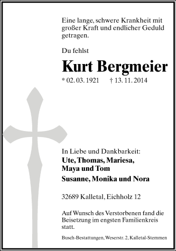 Anzeige  Kurt Bergmeier  Lippische Landes-Zeitung