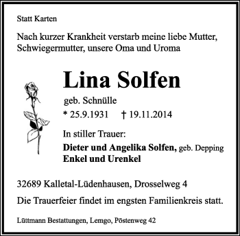 Anzeige  Lina Solfen  Lippische Landes-Zeitung