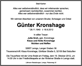 Anzeige  Günter Kronshage  Lippische Landes-Zeitung