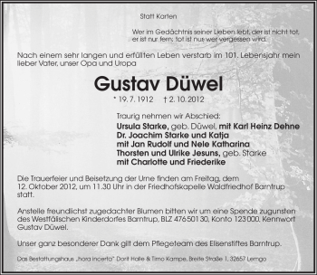 Anzeige  Gustav Düwel  Lippische Landes-Zeitung