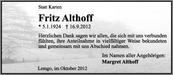 Anzeige  Fritz Althoff  Lippische Landes-Zeitung