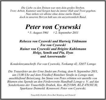 Anzeige  Peter von Cysewski  Lippische Landes-Zeitung