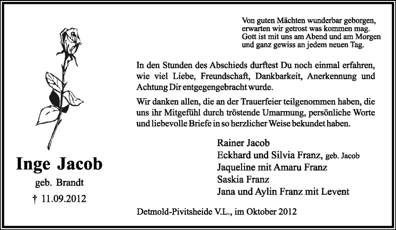  Traueranzeige für Inge Jacob vom 06.10.2012 aus Lippische Landes-Zeitung
