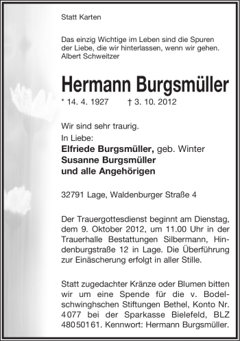 Anzeige  Hermann Burgsmüller  Lippische Landes-Zeitung