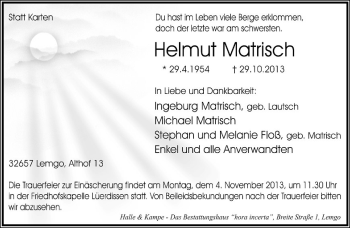 Anzeige  Helmut Matrisch  Lippische Landes-Zeitung
