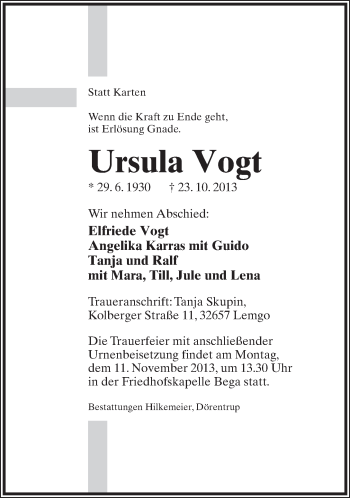 Anzeige  Ursula Vogt  Lippische Landes-Zeitung
