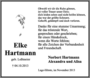 Anzeige  Elke Hartmann  Lippische Landes-Zeitung