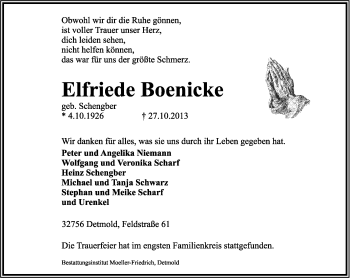 Anzeige  Elfriede Boenicke  Lippische Landes-Zeitung