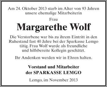 Anzeige  Margarethe Wolf  Lippische Landes-Zeitung